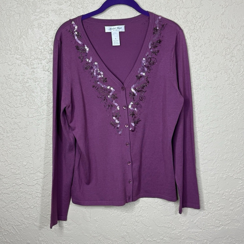 Vintage Judith Hart Womens Purple Sequin Embroidered Cardigan Sweater Size PL